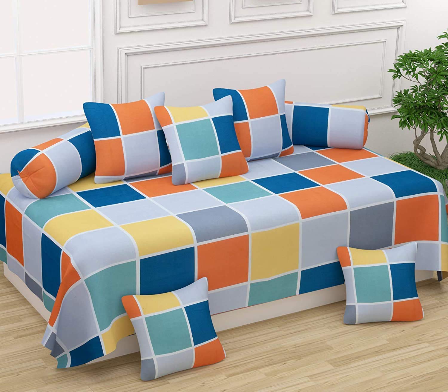 THE HOME STYLE Super Soft Glace Cotton Elegant Diwan Cover Set 8 Piece (1 Single Bedsheet, 2 Bolster Covers, 5 Cushion Covers) (Vibrant Checks)