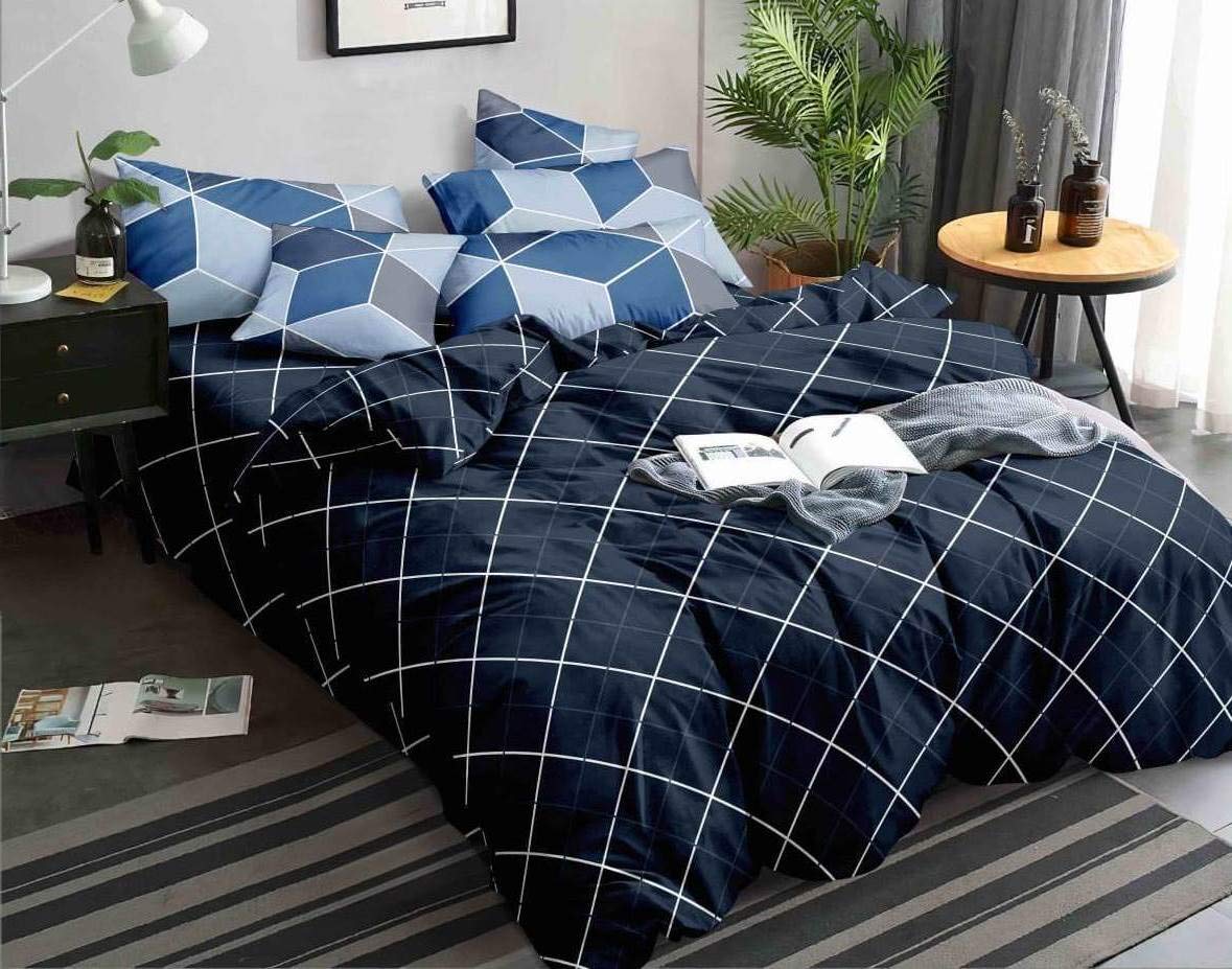 THE HOME STYLE 200TC Soft Glace Cotton King Size Duvet Cover II Razai Cover II Quilt Cover II Dohar for Double Bed with Zipper (90x100 Inch, Navy Blue Lines)