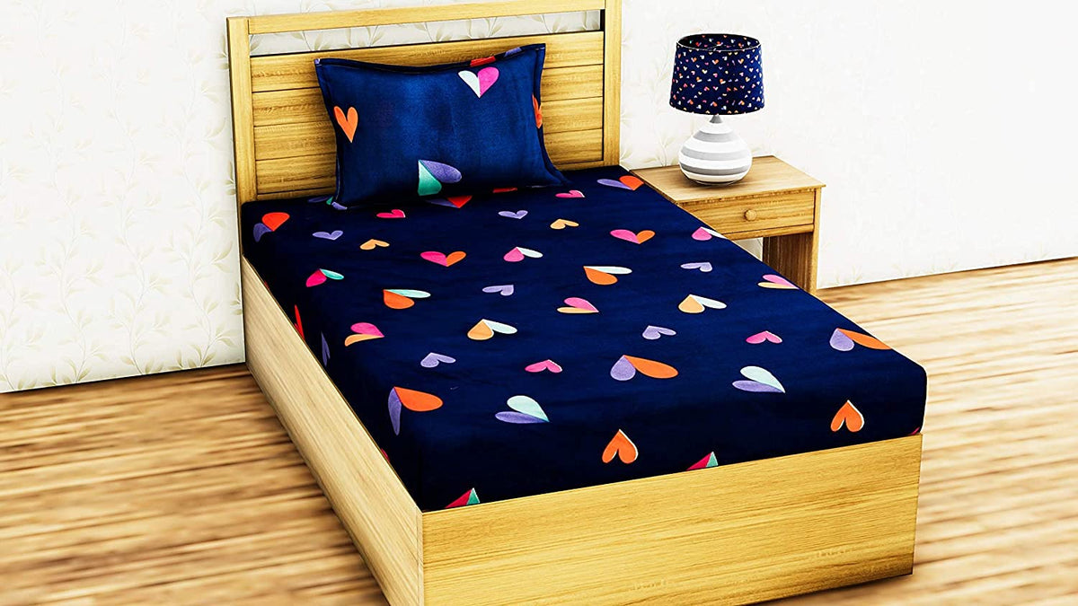 THE HOME STYLE Cotton Feel Glace Cotton Printed 2 Single Bed Bedsheets (Combo Pack of 2 Single Bedsheet with 2 Pillow Cover) (Pista & Blue Heart)