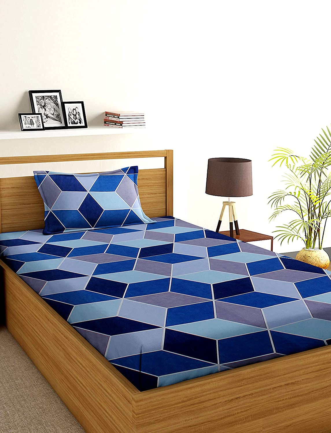 THE HOME STYLE Cotton Feel Glace Cotton Printed Single Bed Bedsheet (Combo of 2 Single Bedsheet with 2 Pillow Cover)_Vibrant Checks & Diamond