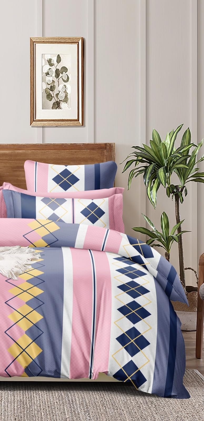 THE HOME STYLE Cotton Feel Glace Cotton Elastic Fitted All Around Elastic Printed King Size Double Bed Bedsheet with 2 Pillow Cover (72"x78", Pink Checks)