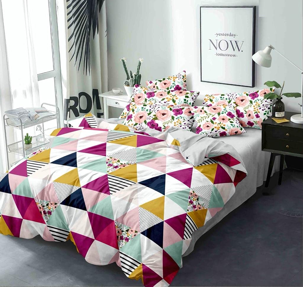 THE HOME STYLE Super Soft Glace Cotton King Size AC Comforter/Quilt/Blanket Double Bed with 1 Flat Bedsheet and 2 Pillow Cover (Design 24) (Multicolor Geometric)