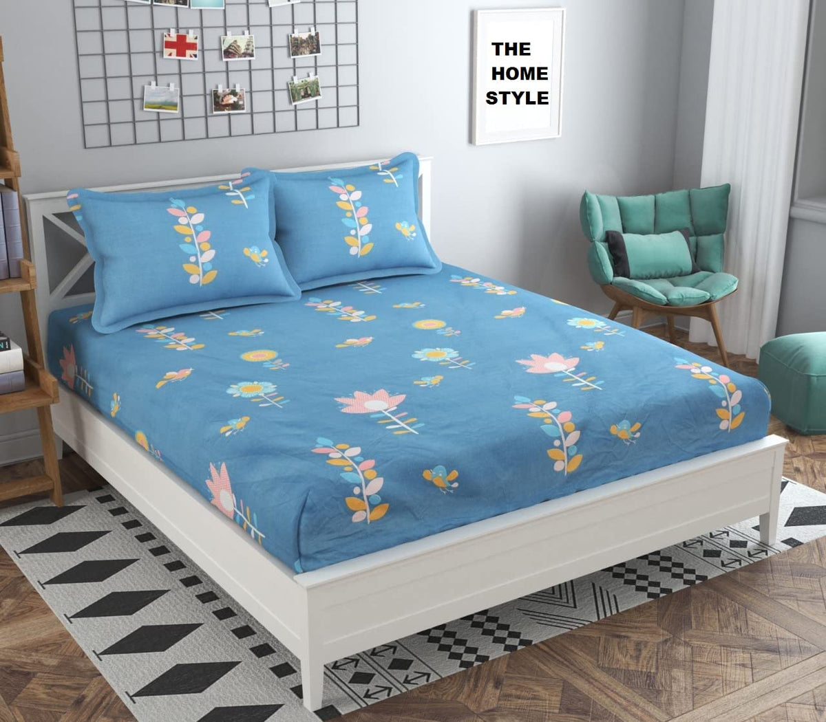 THE HOME STYLE Cotton Feel Glace Cotton All Around Elastic Fitted Printed King Size Double Bed Bedsheet with 2 Pillow Cover (72"x78", Blue Floral)