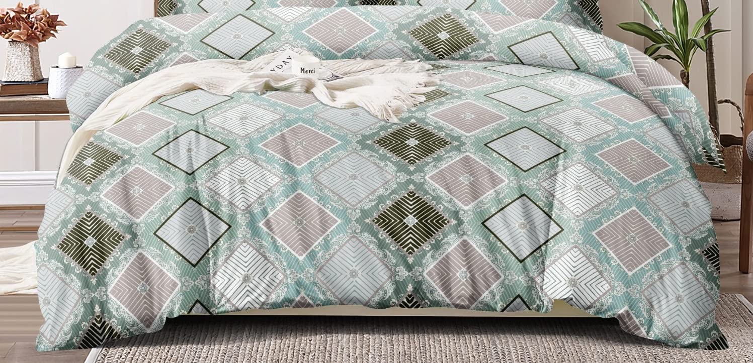 THE HOME STYLE Supersoft Cotton Feel Glace Cotton King Size Printed Flat Double Bedsheet wih 2 Pillow Cover II 300 TC, 90"x100" Inch (King, Cyan Green)