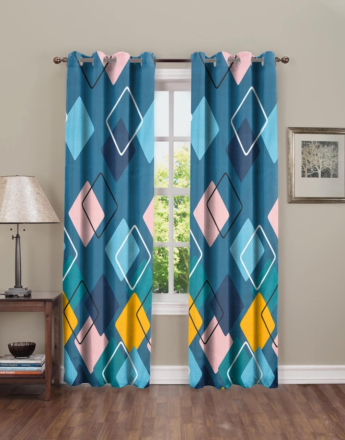 THE HOME STYLE Supersoft Printed Cotton Brushed Microfiber Eyelet Door Curtains 4x7 Feet (48x84 Inches) Grommet Curtains for Living Room (French Blue) (4x7 Feet, Door Curtains) (Pack of 4)