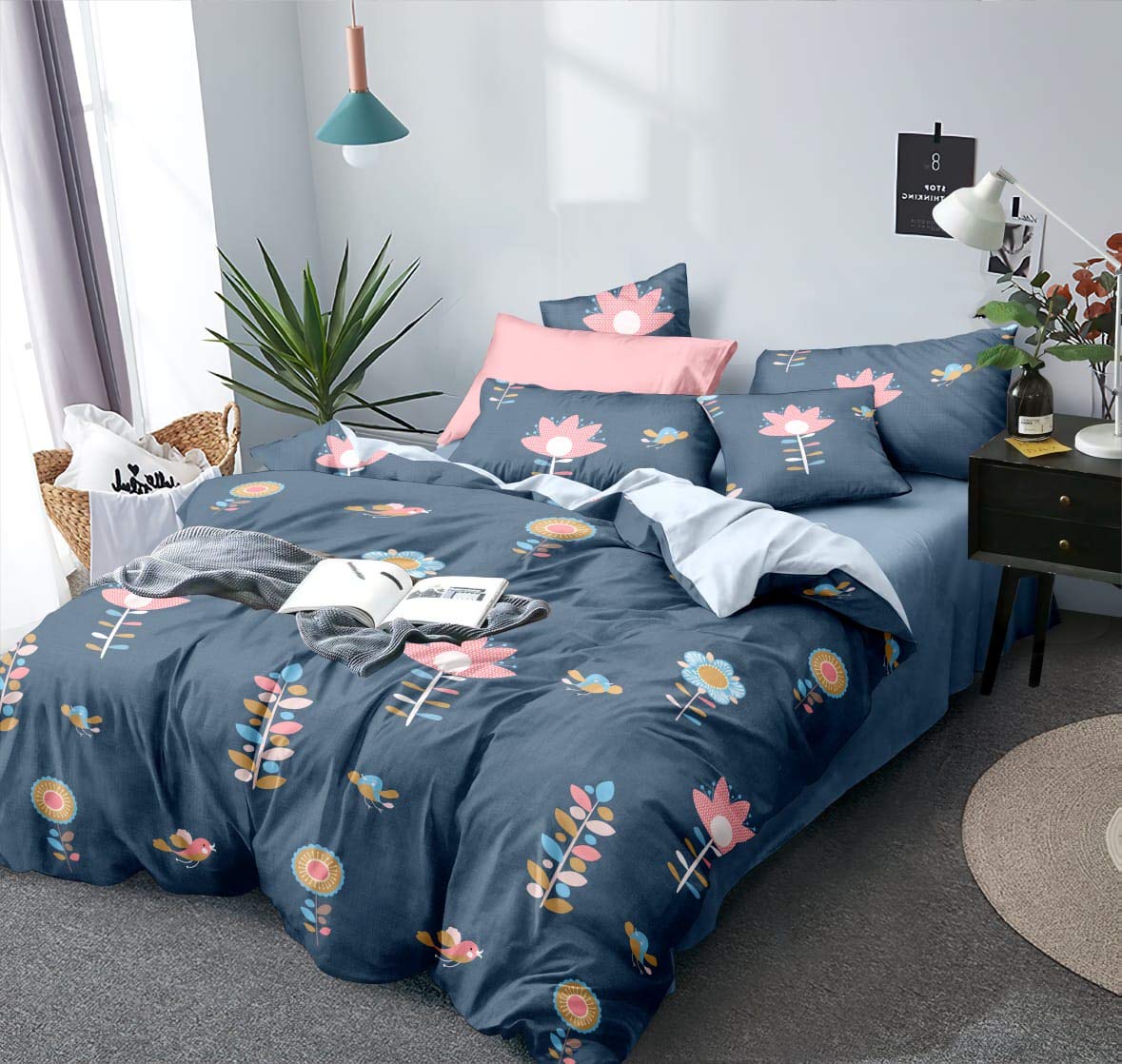 THE HOME STYLE Cotton Feel Glace Cotton All Around Elastic Fitted Printed King Size Double Bed Bedsheet with 2 Pillow Cover (72"x78", Blue Floral)