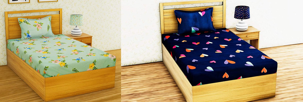 THE HOME STYLE Cotton Feel Glace Cotton Printed 2 Single Bed Bedsheets (Combo Pack of 2 Single Bedsheet with 2 Pillow Cover) (Pista & Blue Heart)