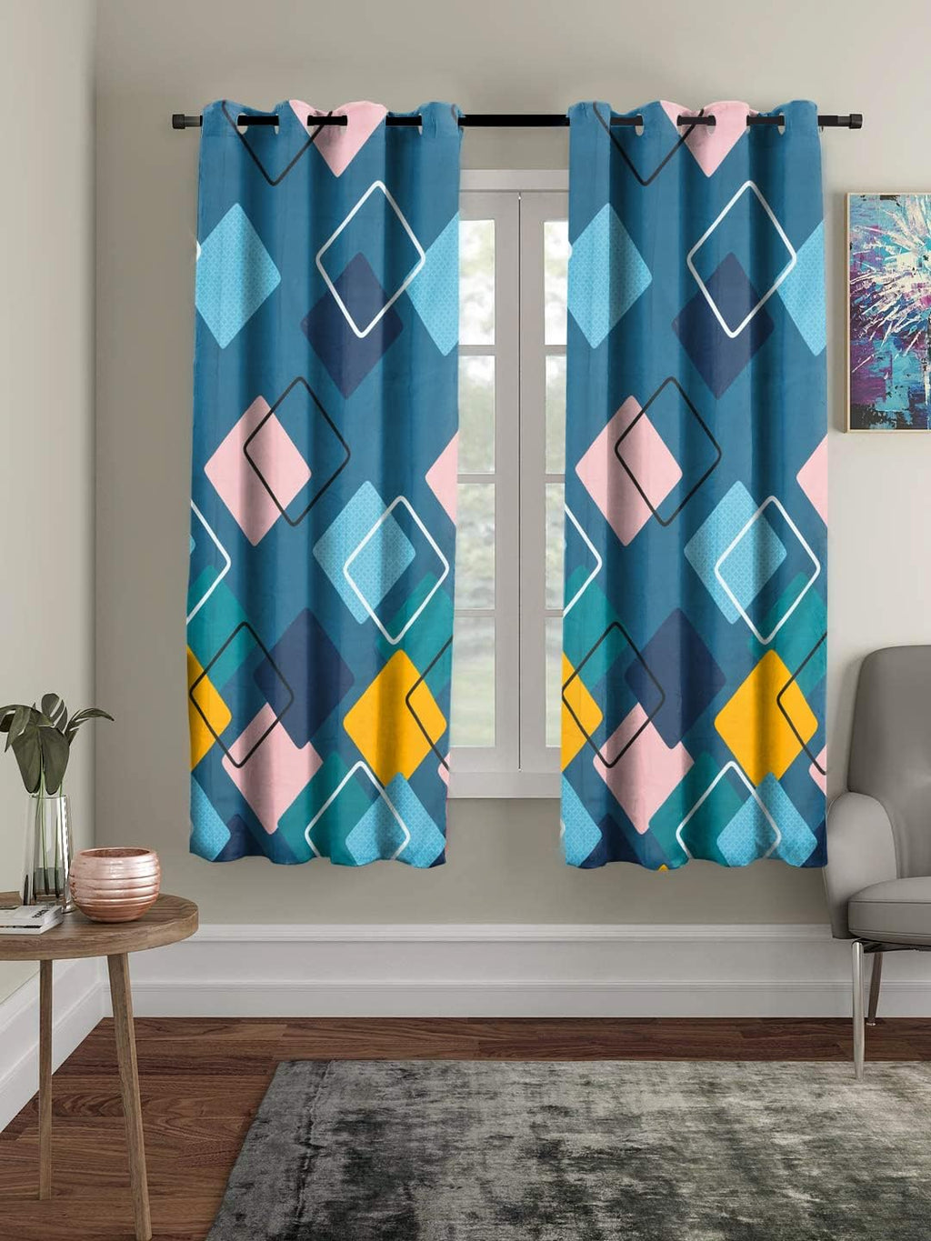 THE HOME STYLE Supersoft Printed Cotton Brushed Microfiber Eyelet Window Curtains 4x5 Feet (48x60 Inches) Grommet Curtains for Living Room (French Blue) (4x5 Feet, Window Curtains) (Pack of 3)