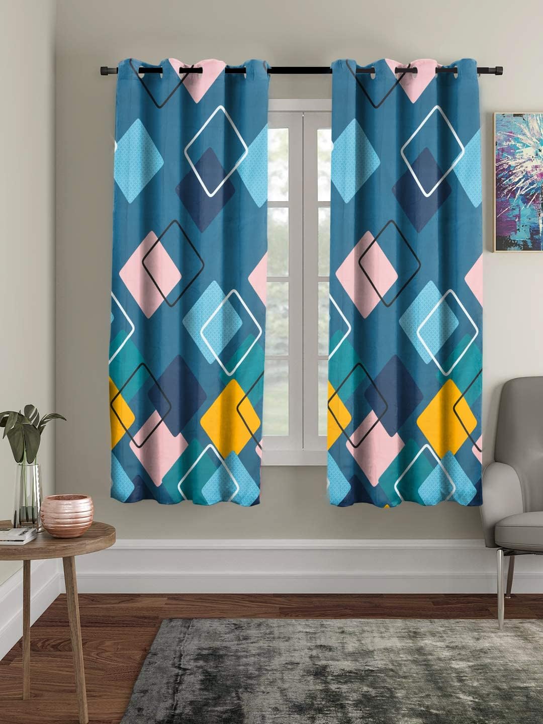 THE HOME STYLE Supersoft Printed Cotton Brushed Microfiber Eyelet Window Curtains 4x5 Feet (48x60 Inches) Grommet Curtains for Living Room (French Blue) (4x5 Feet, Window Curtains) (Pack of 4)