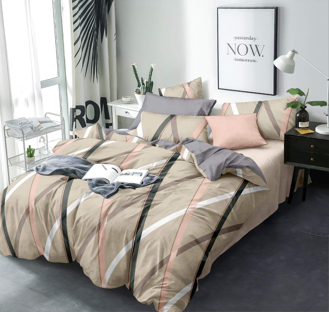 THE HOME STYLE Super Soft Glace Cotton AC Comforter/Blanket/Duvet King Size Double Bed with 1 Flat Bedsheet and 2 Pillow Cover II 4 Pc Bedding Set_Beige Lines