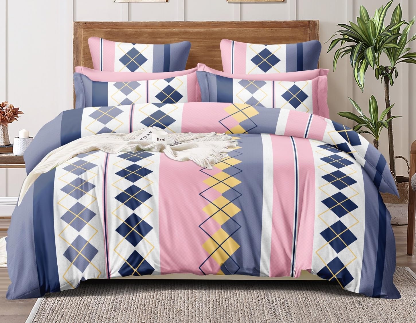 THE HOME STYLE Cotton Feel Glace Cotton Elastic Fitted All Around Elastic Printed King Size Double Bed Bedsheet with 2 Pillow Cover (72"x78", Pink Checks)