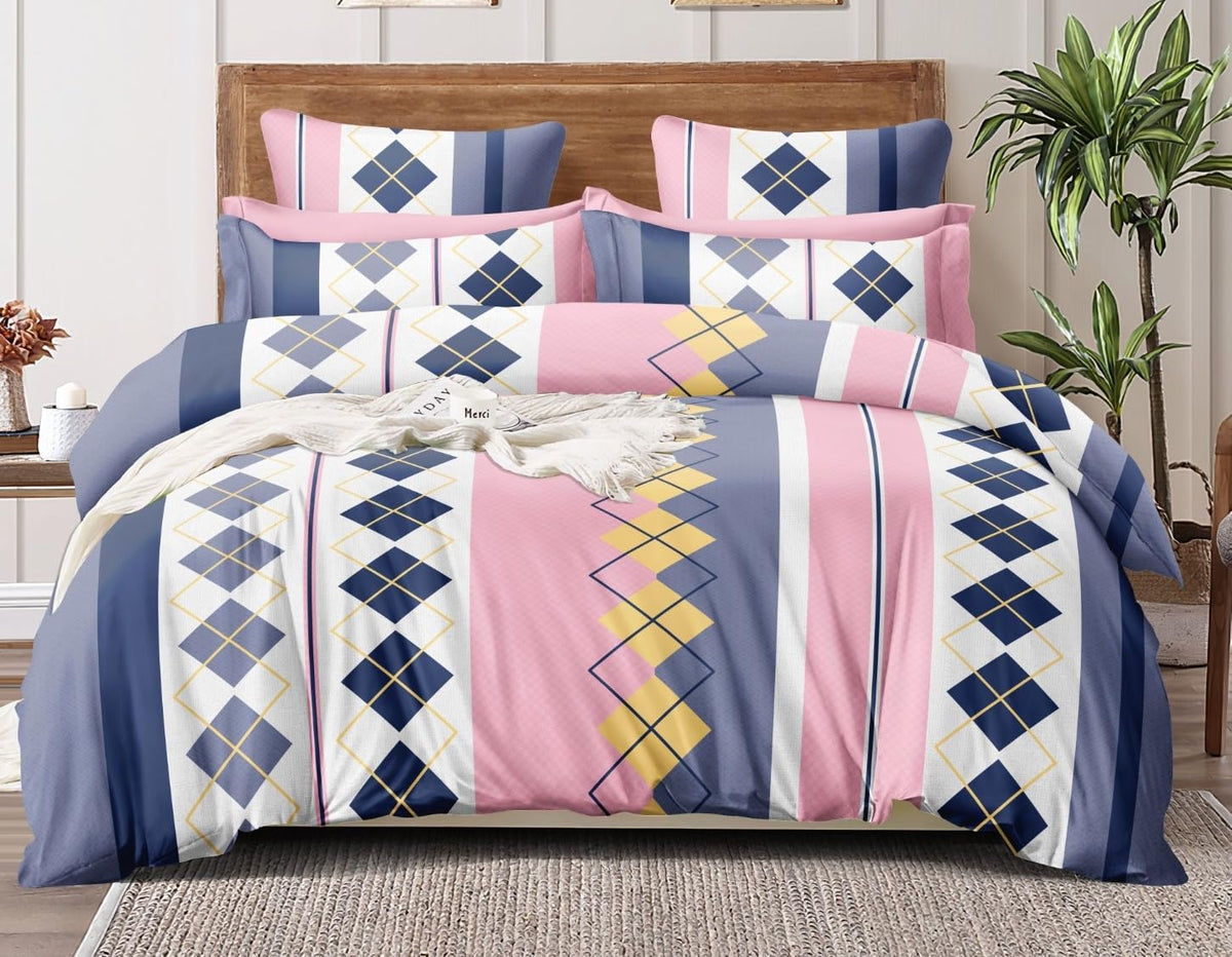 THE HOME STYLE Cotton Feel Glace Cotton Elastic Fitted All Around Elastic Printed King Size Double Bed Bedsheet with 2 Pillow Cover (72"x78", Pink Checks)