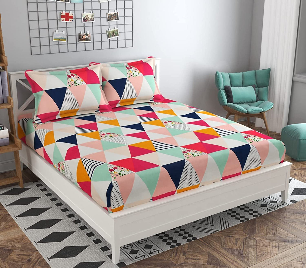 THE HOME STYLE Cotton Feel Glace Cotton Elastic Fitted All Around Elastic Printed King Size Double Bed Bedsheet with 2 Pillow Cover (72"x78", Multicolor Geometric)