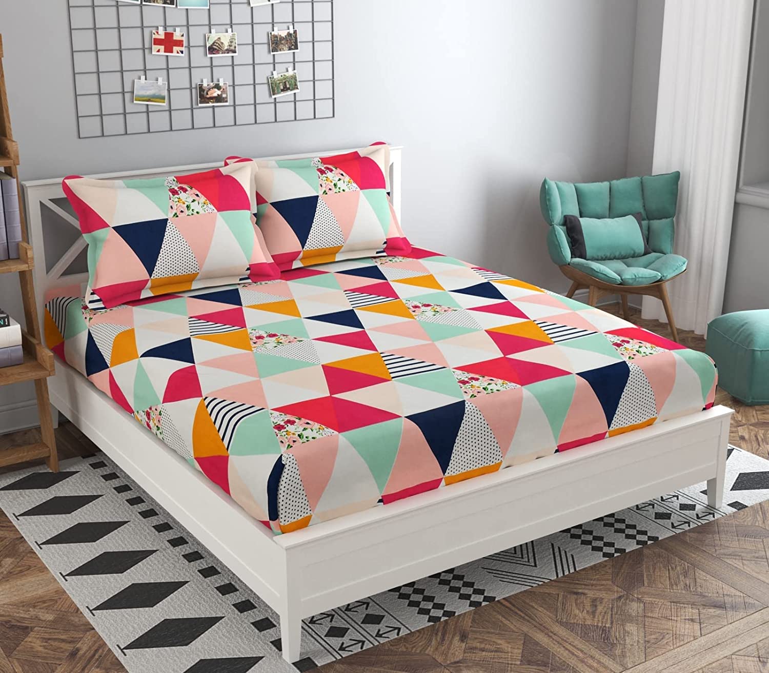 THE HOME STYLE Cotton Feel Glace Cotton Elastic Fitted All Around Elastic Printed King Size Double Bed Bedsheet with 2 Pillow Cover (72"x78", Multicolor Geometric)