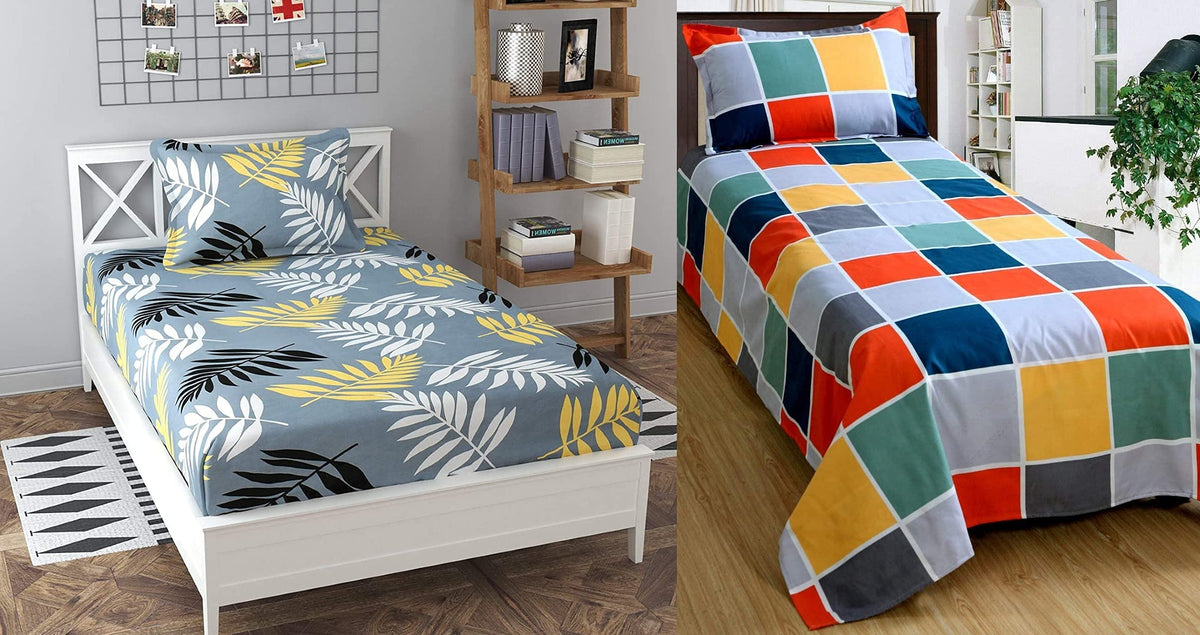 THE HOME STYLE Cotton Feel Glace Cotton Printed Single Bed Bedsheets (Combo Pack of 2 Single Bedsheet with 2 Pillow Cover)_Midnight Leaf & Vibrant Checks