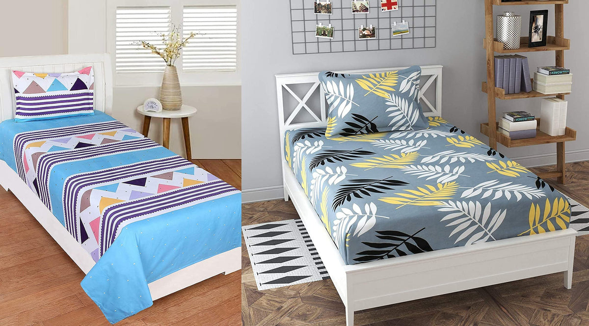 THE HOME STYLE Cotton Feel Glace Cotton Printed Single Bed Bedsheet (Combo of 2 Single Bedsheet with 2 Pillow Cover)_White Blue & Midnight Leaf