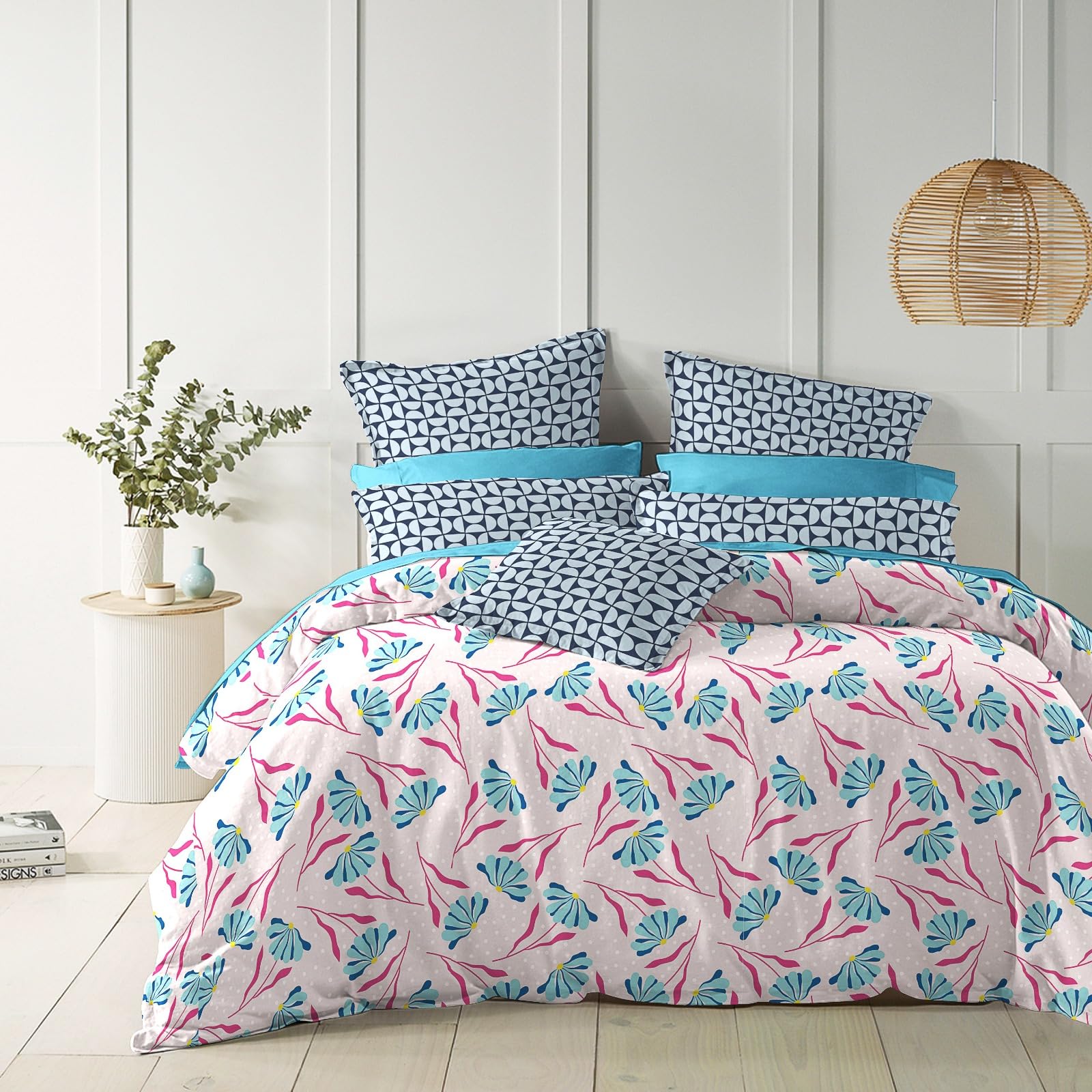 THE HOME STYLE Cotton Feel Glace Cotton Elastic Fitted Printed King Size Double Bed Bedsheet with 2 Pillow Cover