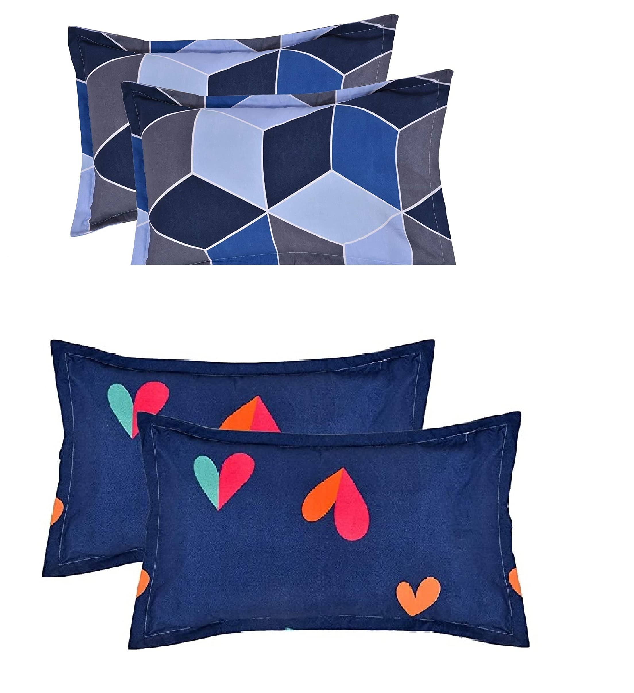 THE HOME STYLE Cotton Feel Glace Cotton King Size Printed Pillow Covers ll Set of 4pcs (18"X28" Inches, Blue & Dark Blue)