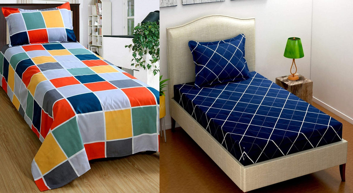 THE HOME STYLE Cotton Feel Glace Cotton Printed Single Bed Bedsheets (Combo Pack of 2 Single Bedsheet with 2 Pillow Cover) (Vibrant Checks & Navy Blue Lines)