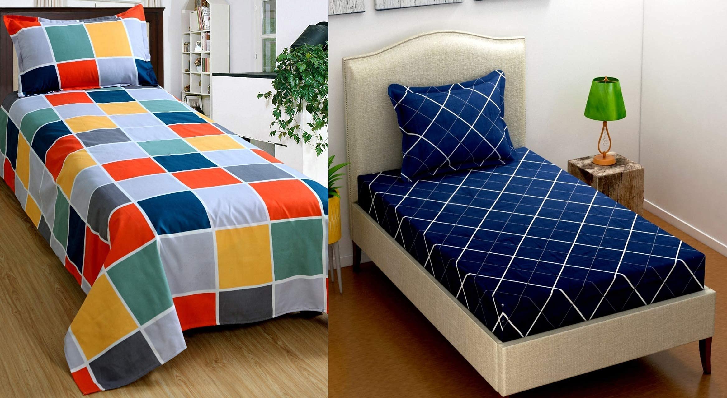 THE HOME STYLE Cotton Feel Glace Cotton Printed Single Bed Bedsheets (Combo Pack of 2 Single Bedsheet with 2 Pillow Cover) (Vibrant Checks & Navy Blue Lines)
