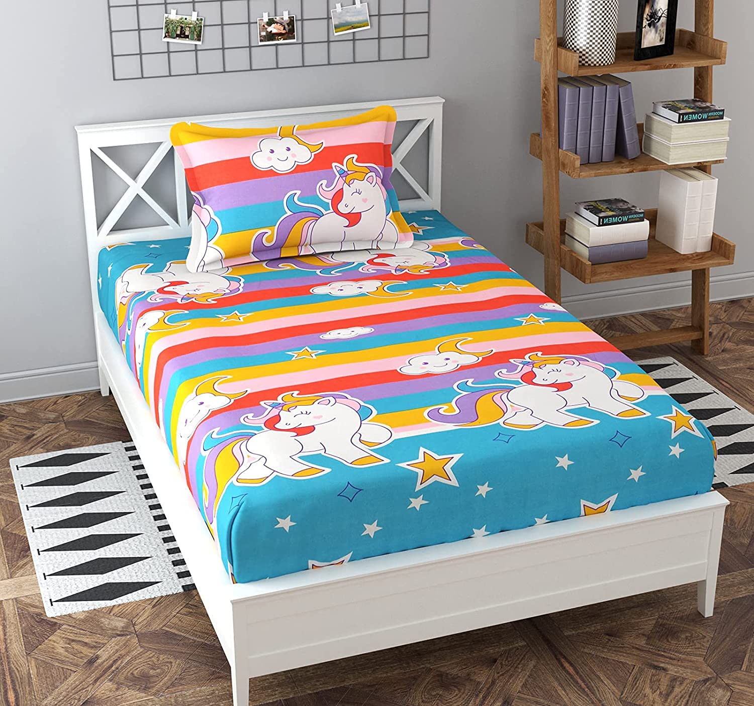 THE HOME STYLE Kids Glace Cotton Microfiber Reversible Single Bed AC Comforter ll Blanket ll Duvet with 1 Flat Single Bed Bedsheet and 1 Pillow Cover, Especially For Kids Room (Pink Unicorn) (Single Comforter With Single Bedsheet)
