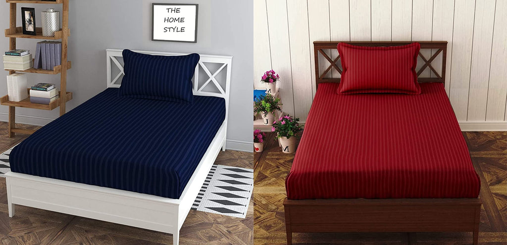 THE HOME STYLE Cotton Feel Glace Cotton Plain Satin Stripes Combo Pack of 2 Plain Single Bed Bedsheet with 2 Pillow Cover