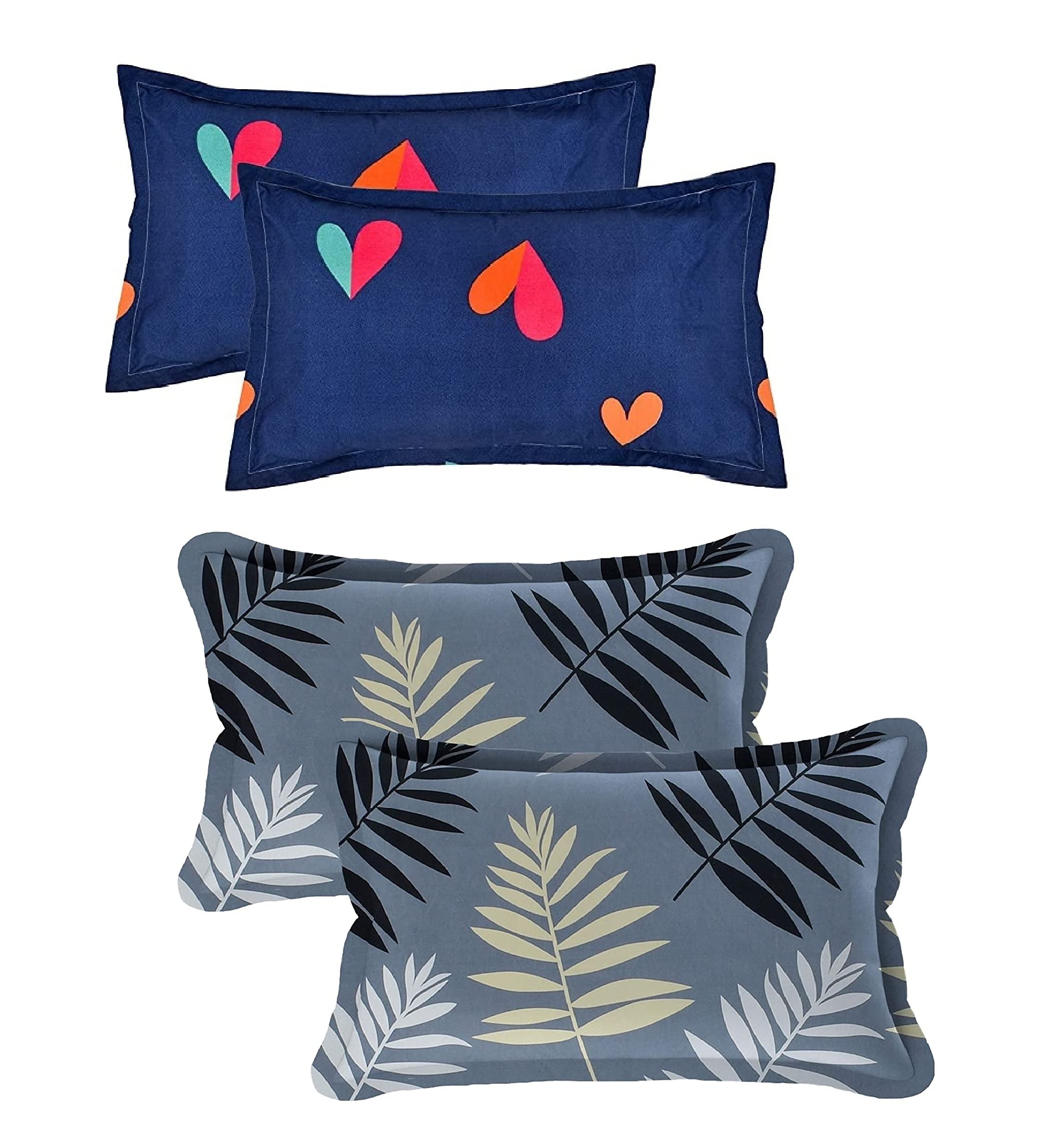 THE HOME STYLE Cotton Feel Glace Cotton King Size Printed Pillow Covers ll Set of 4pcs (18"X28" Inches, Dark Blue & Midnight Leaf)