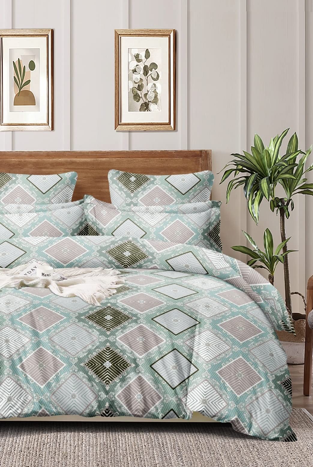 THE HOME STYLE Supersoft Cotton Feel Glace Cotton King Size Printed Flat Double Bedsheet wih 2 Pillow Cover II 300 TC, 90"x100" Inch (King, Cyan Green)