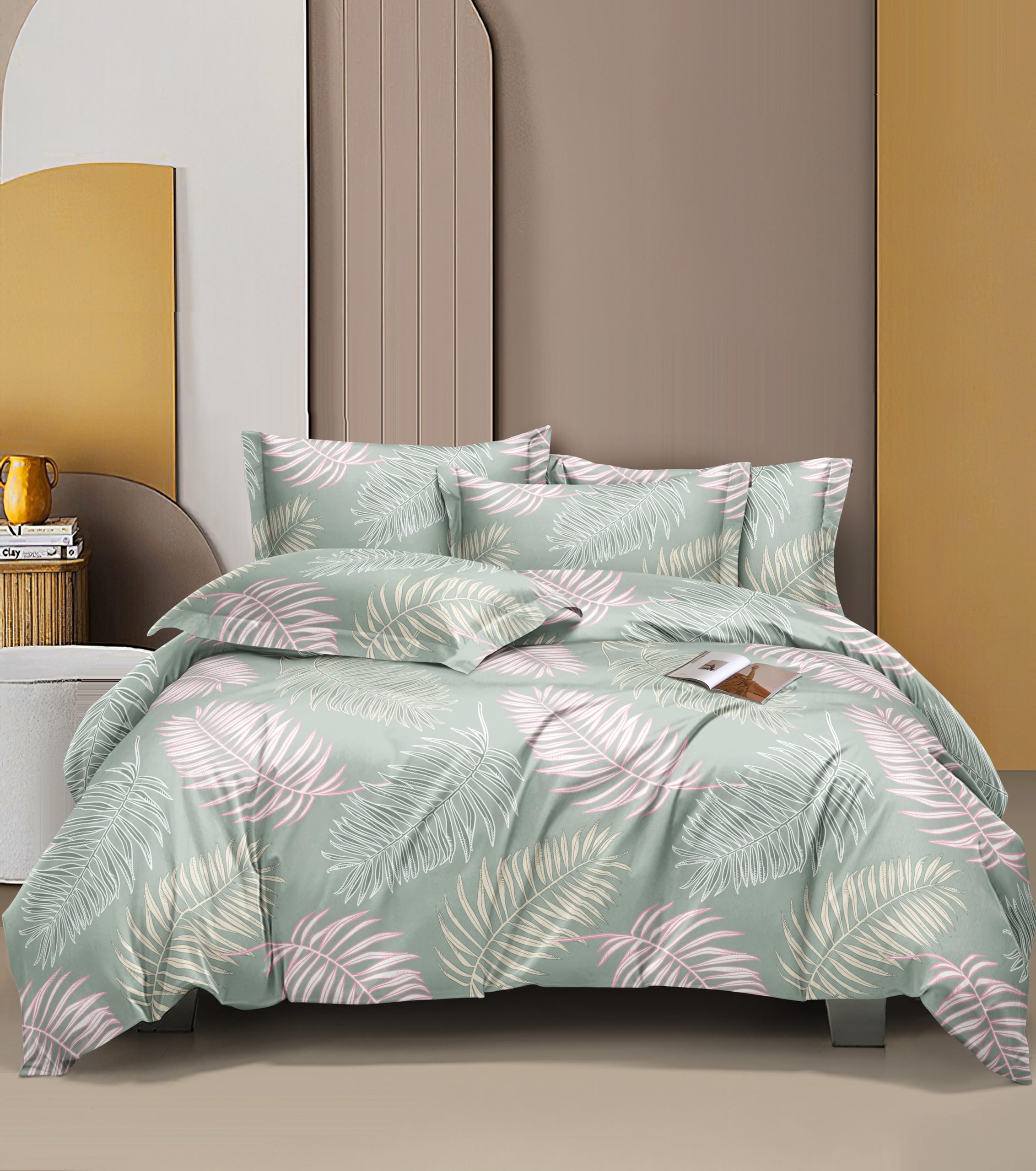 THE HOME STYLE Cotton Feel Glace Cotton Elastic Fitted Printed King Size Double Bed Bedsheet with 2 Pillow Cover