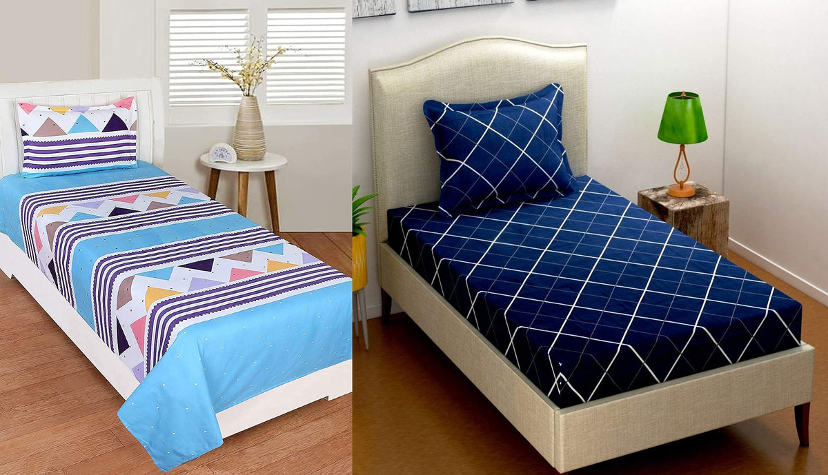 THE HOME STYLE Cotton Feel Glace Cotton Printed Single Bed Bedsheet (Combo Pack of 2 Single Bedsheet with 2 Pillow Cover)_White Blue & Navy Blue Lines