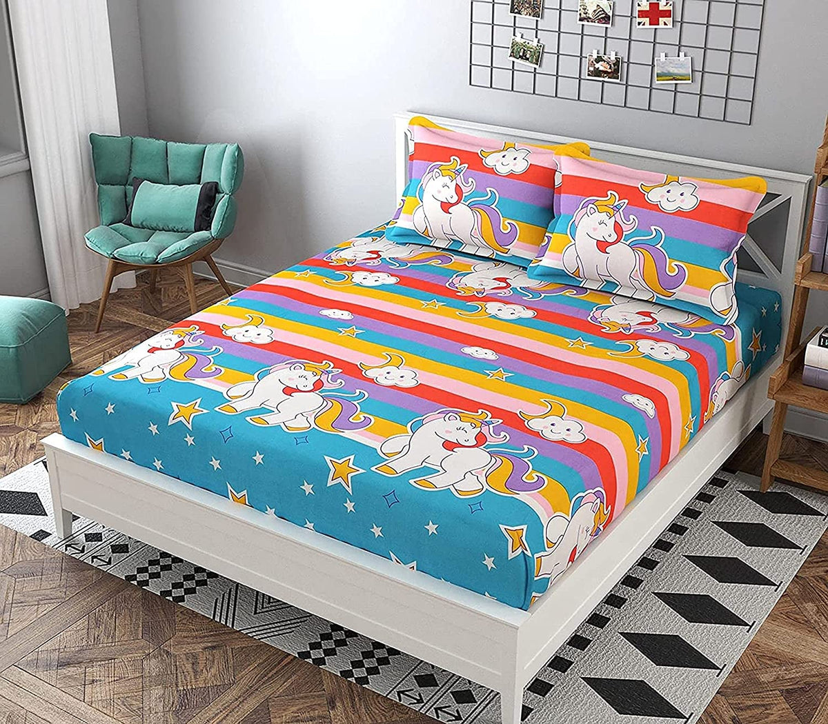 THE HOME STYLE Cotton Feel Glace Cotton King Size Printed Double Bed Kids Bedsheet with Two Pillow Cover_90x100 Inches