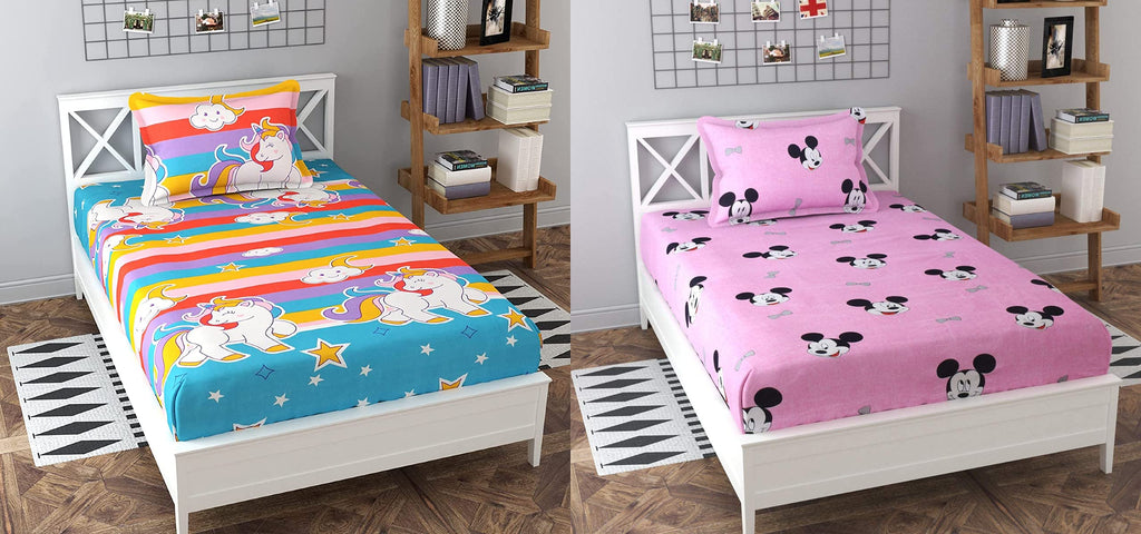 THE HOME STYLE Single Bed Cotton Feel Glace Cotton Printed 2 Single Bed Kids Bedsheets (Combo Pack of 2 Single Bedsheet with 2 Pillow Cover, Especially for Kids Room)