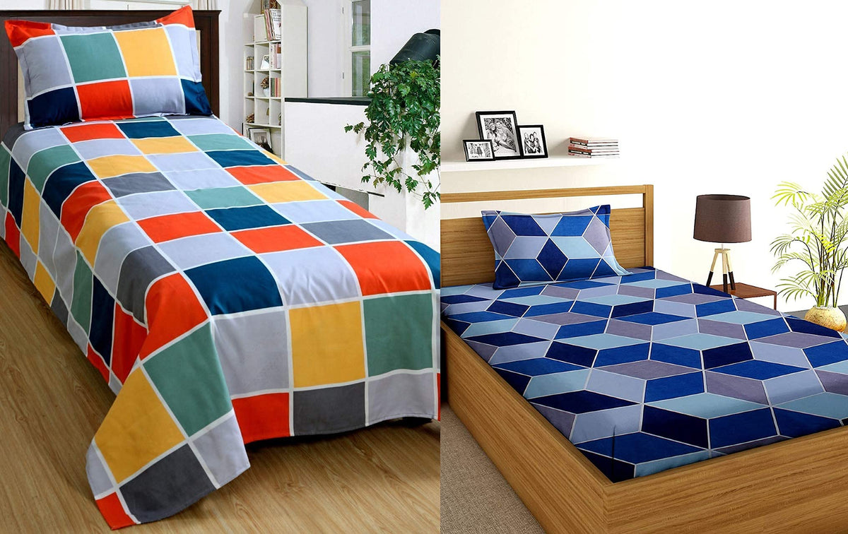 THE HOME STYLE Cotton Feel Glace Cotton Printed Single Bed Bedsheet (Combo of 2 Single Bedsheet with 2 Pillow Cover)_Vibrant Checks & Diamond