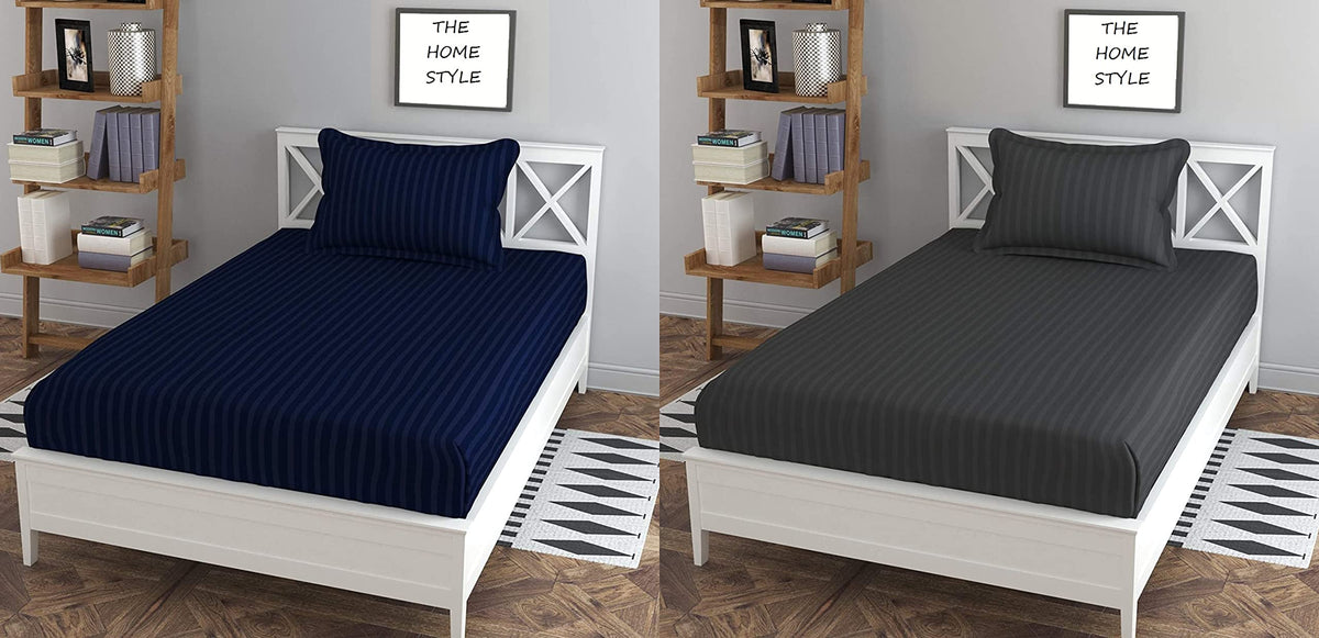 THE HOME STYLE Cotton Feel Glace Cotton Plain Satin Stripes Combo Pack of 2 Plain Single Bed Bedsheet with 2 Pillow Cover