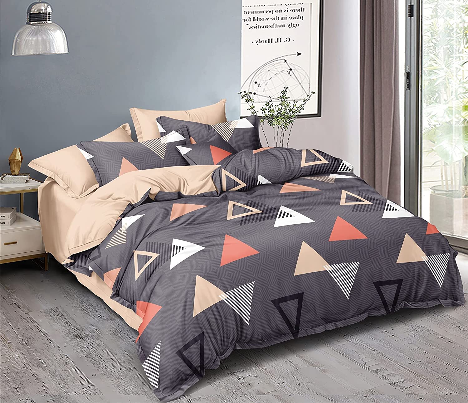 THE HOME STYLE Super Soft Glace Cotton King Size AC Comforter ll Blanket ll Duvet with 1 King Size Elastic Fitted Bedsheet 72"x78" Inch and 2 Pillow Cover (Pack of 4) (Graphite Triangle)