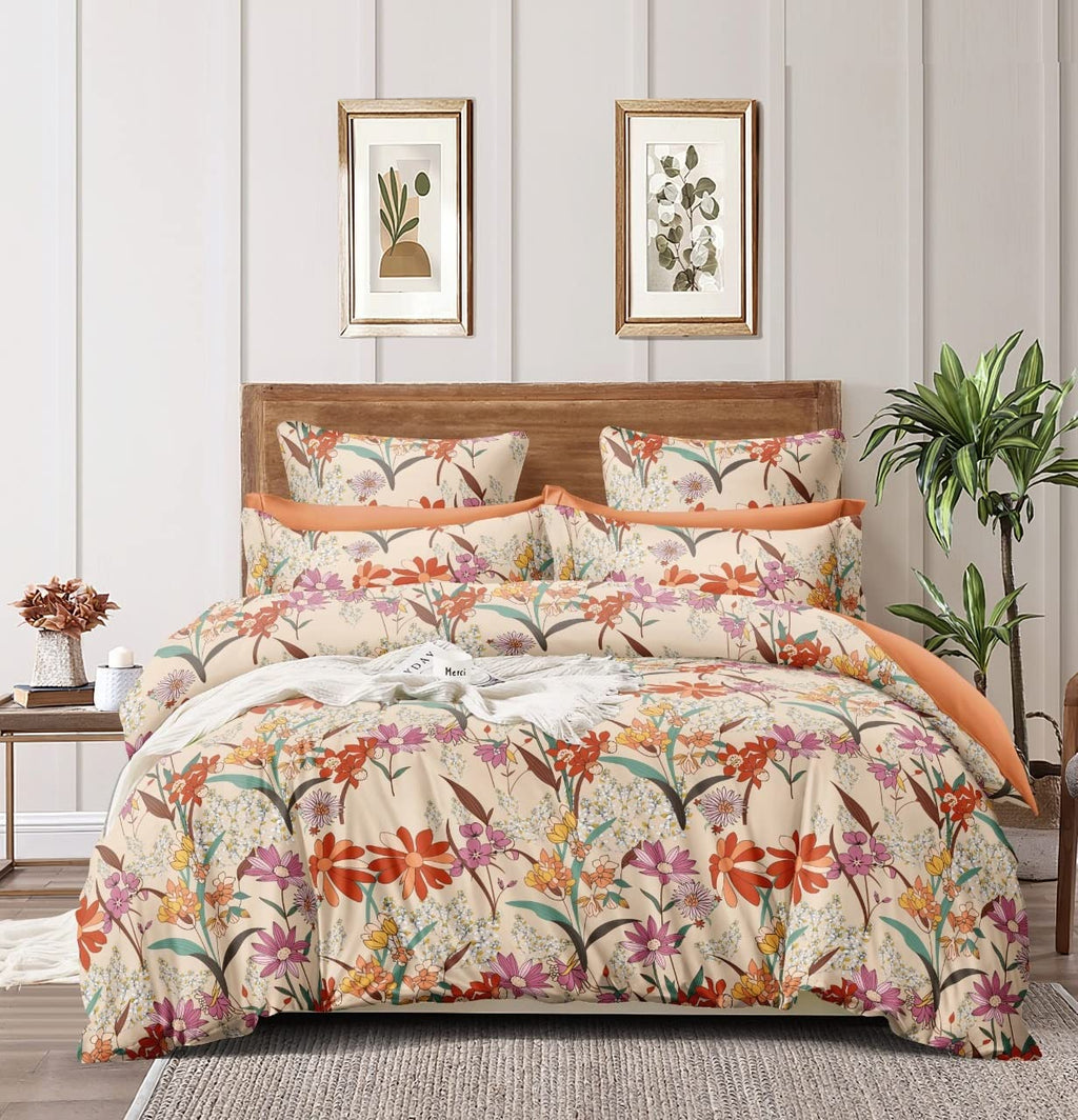 THE HOME STYLE Super Soft Glace Cotton King Size AC Comforter ll Blanket ll Duvet for Double Bed with 1 Flat Bedsheet and 2 Pillow Cover ll 4PC Bedding Set (Design 31) (Neutral Floral Land) (Comforter Set)