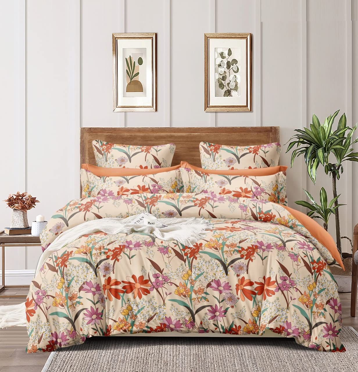 THE HOME STYLE Super Soft Glace Cotton King Size AC Comforter ll Blanket ll Duvet for Double Bed with 1 Flat Bedsheet and 2 Pillow Cover ll 4PC Bedding Set (Design 31) (Neutral Floral Land) (Comforter Set)