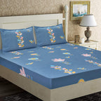 THE HOME STYLE Cotton Feel Glace Cotton All Around Elastic Fitted Printed King Size Double Bed Bedsheet with 2 Pillow Cover (72"x78", Blue Floral)
