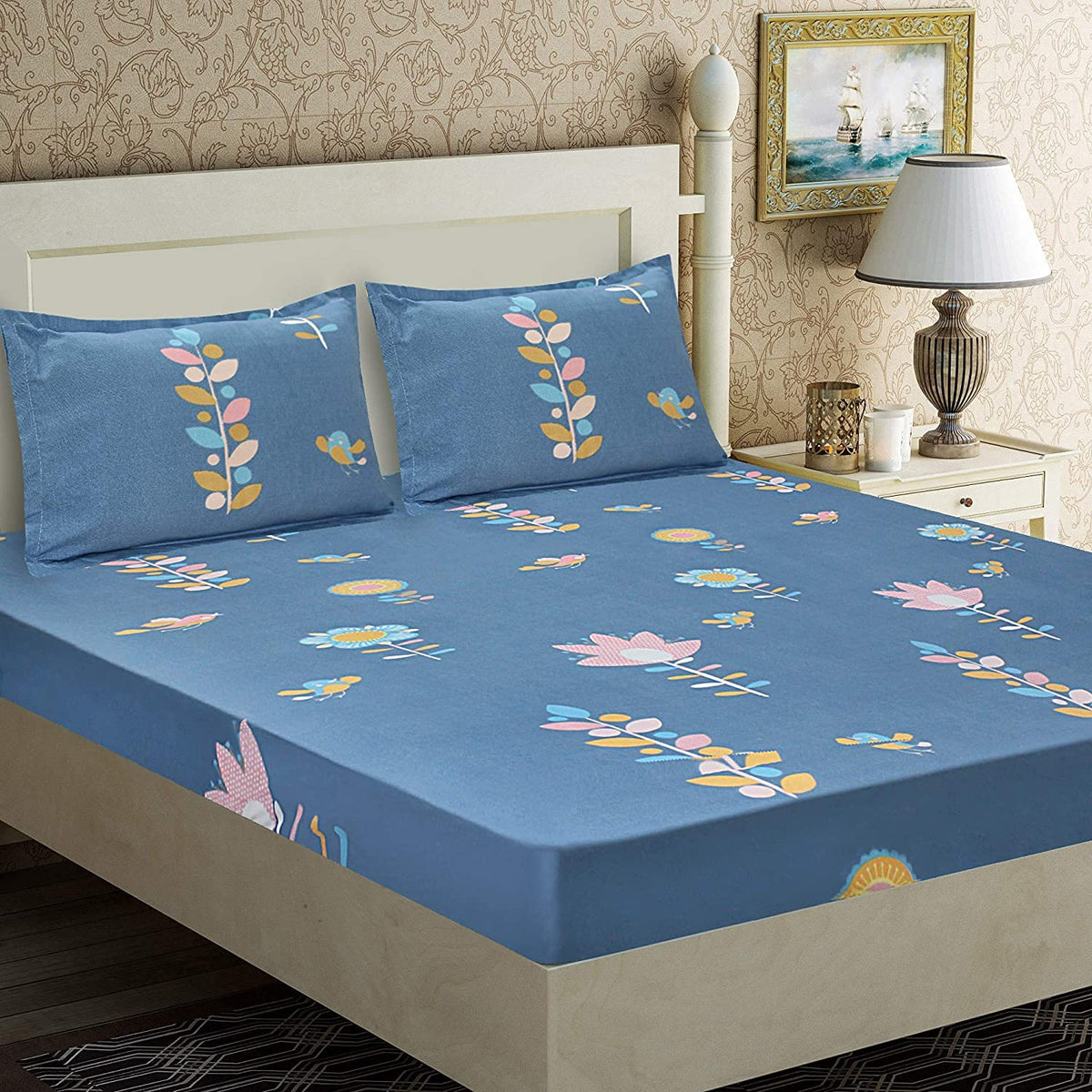 THE HOME STYLE Cotton Feel Glace Cotton All Around Elastic Fitted Printed King Size Double Bed Bedsheet with 2 Pillow Cover (72"x78", Blue Floral)