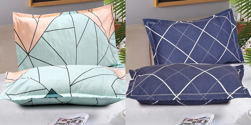 THE HOME STYLE Cotton Feel Glace Cotton King Size Printed Pillow Covers ll Set of 4pcs (18"X28" Inches, Pastel Green & Navy Blue Lines)