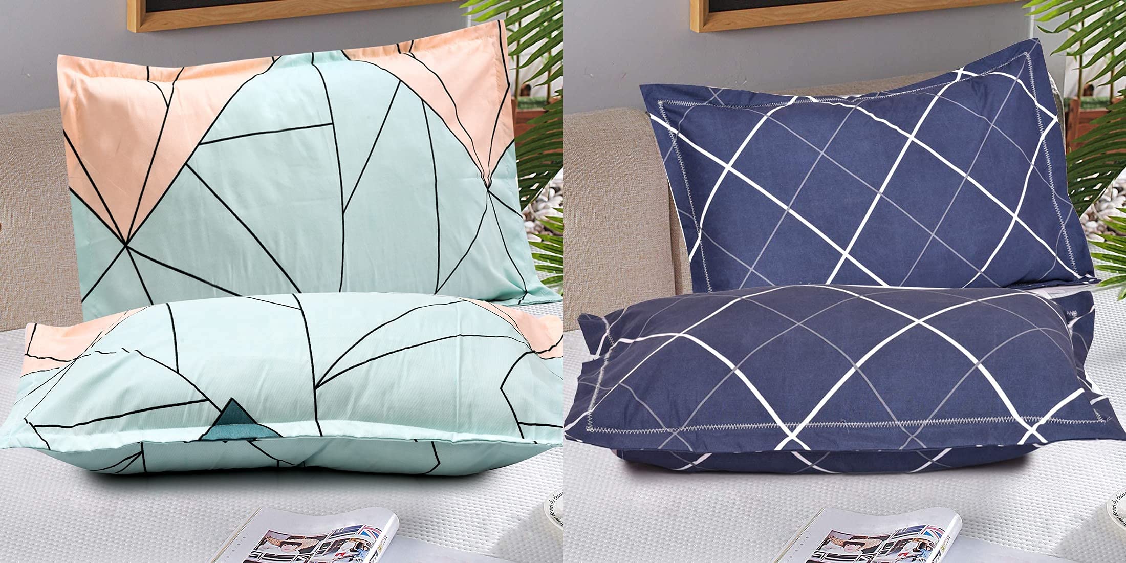 THE HOME STYLE Cotton Feel Glace Cotton King Size Printed Pillow Covers ll Set of 4pcs (18"X28" Inches, Pastel Green & Navy Blue Lines)