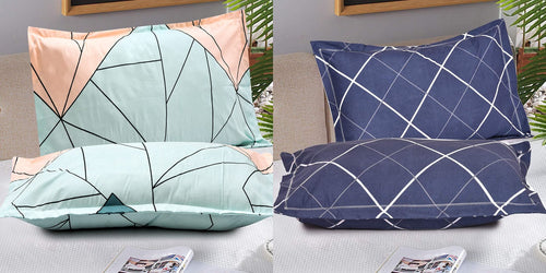 THE HOME STYLE Cotton Feel Glace Cotton King Size Printed Pillow Covers ll Set of 4pcs (18"X28" Inches, Pastel Green & Navy Blue Lines)