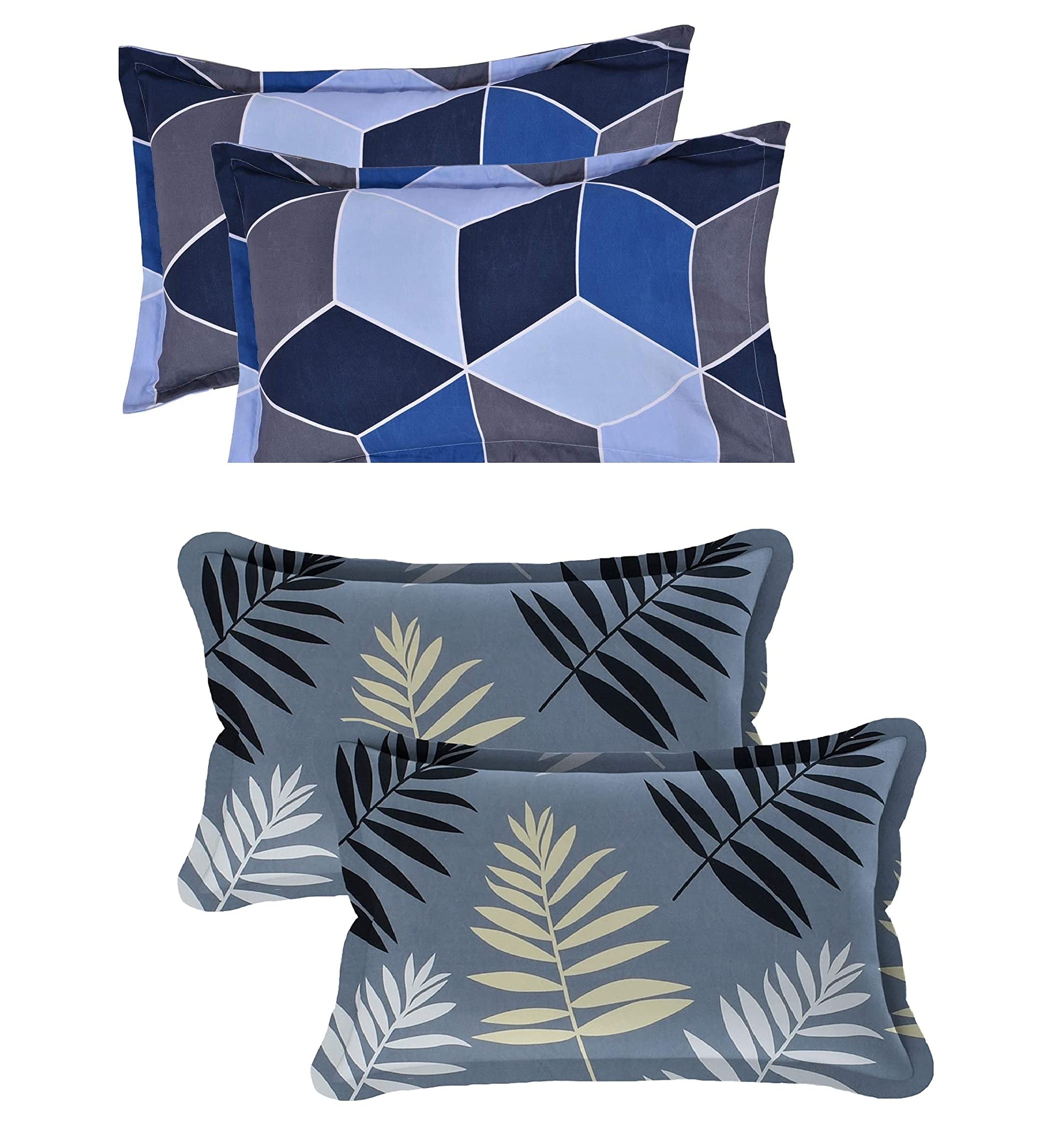 THE HOME STYLE Cotton Feel Glace Cotton King Size Printed Pillow Covers ll Set of 4pcs (18"X28" Inches, Blue & Midnight Leaf)