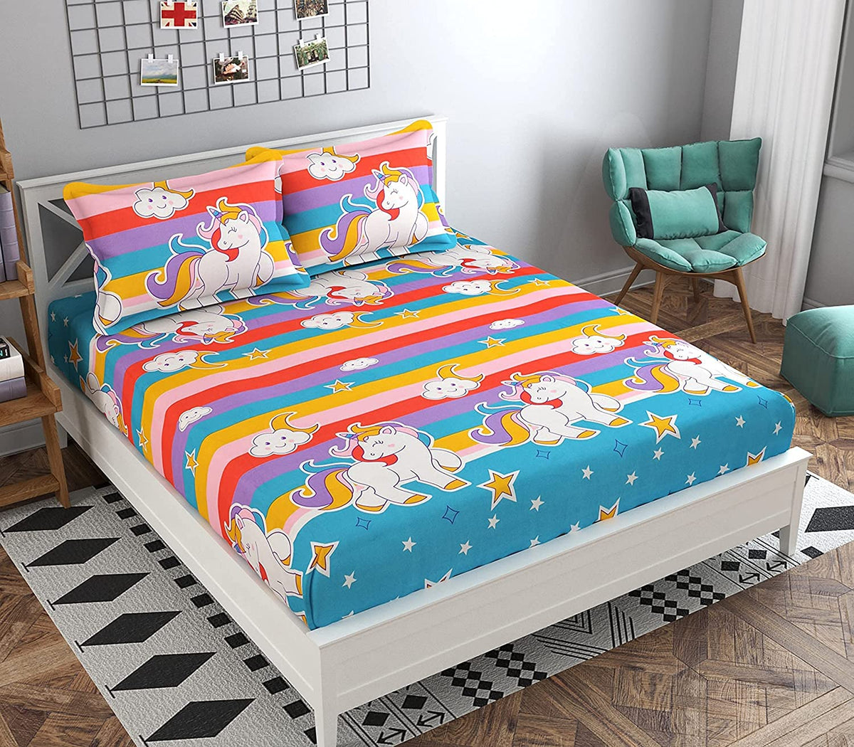 THE HOME STYLE Cotton Feel Glace Cotton King Size Printed Double Bed Kids Bedsheet with Two Pillow Cover_90x100 Inches